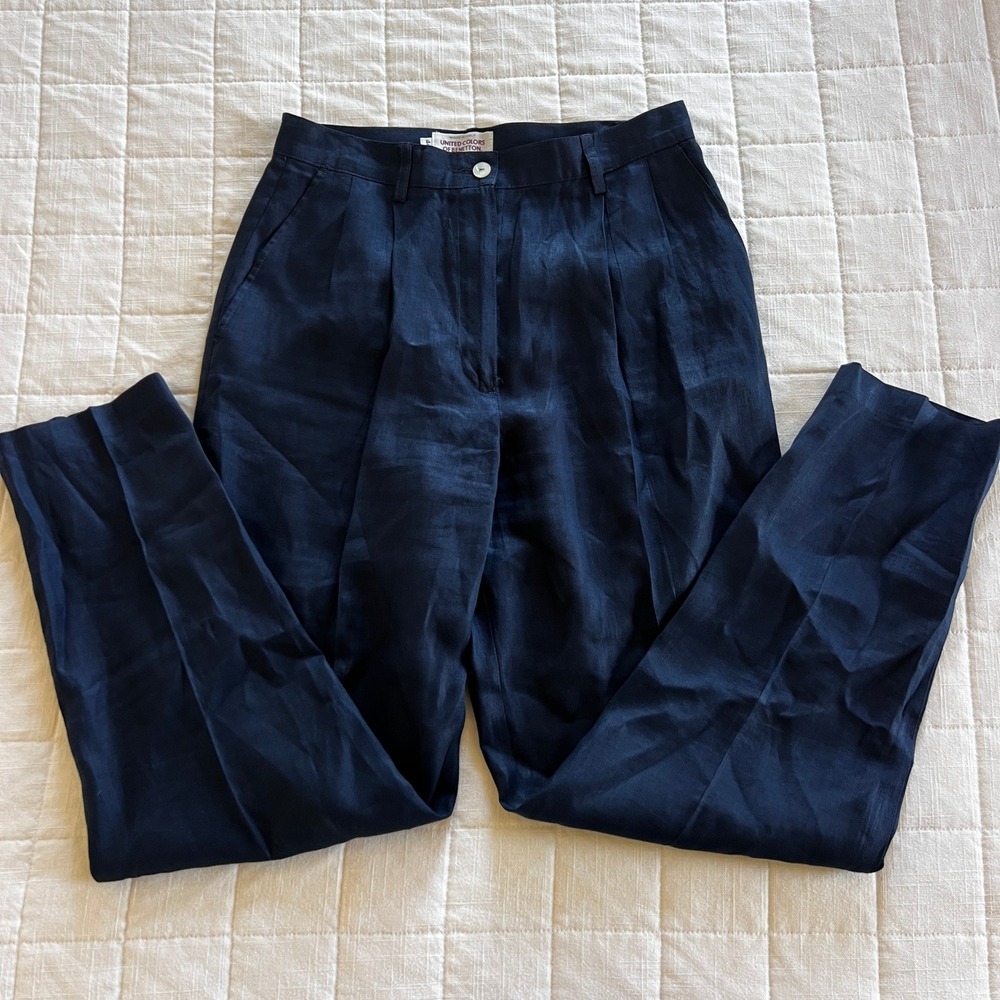 Vintage United Colors of Benetton 100% Linen High Waisted Navy Pants Italy 44